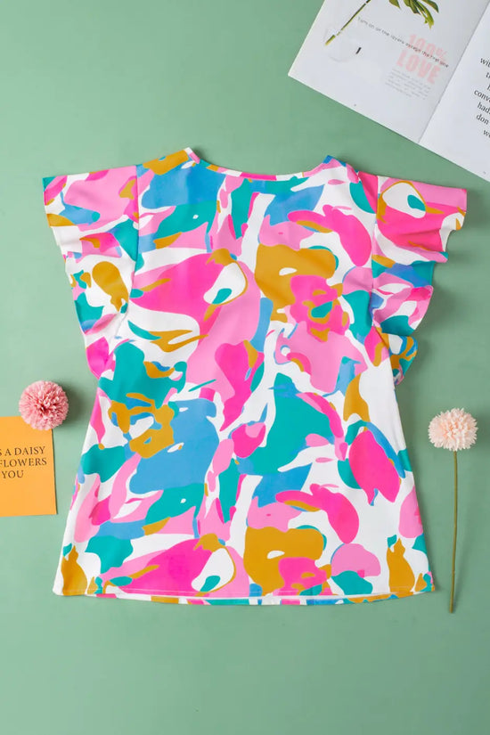 Multi colour flutter sleeve blouse - abstract print notched neck