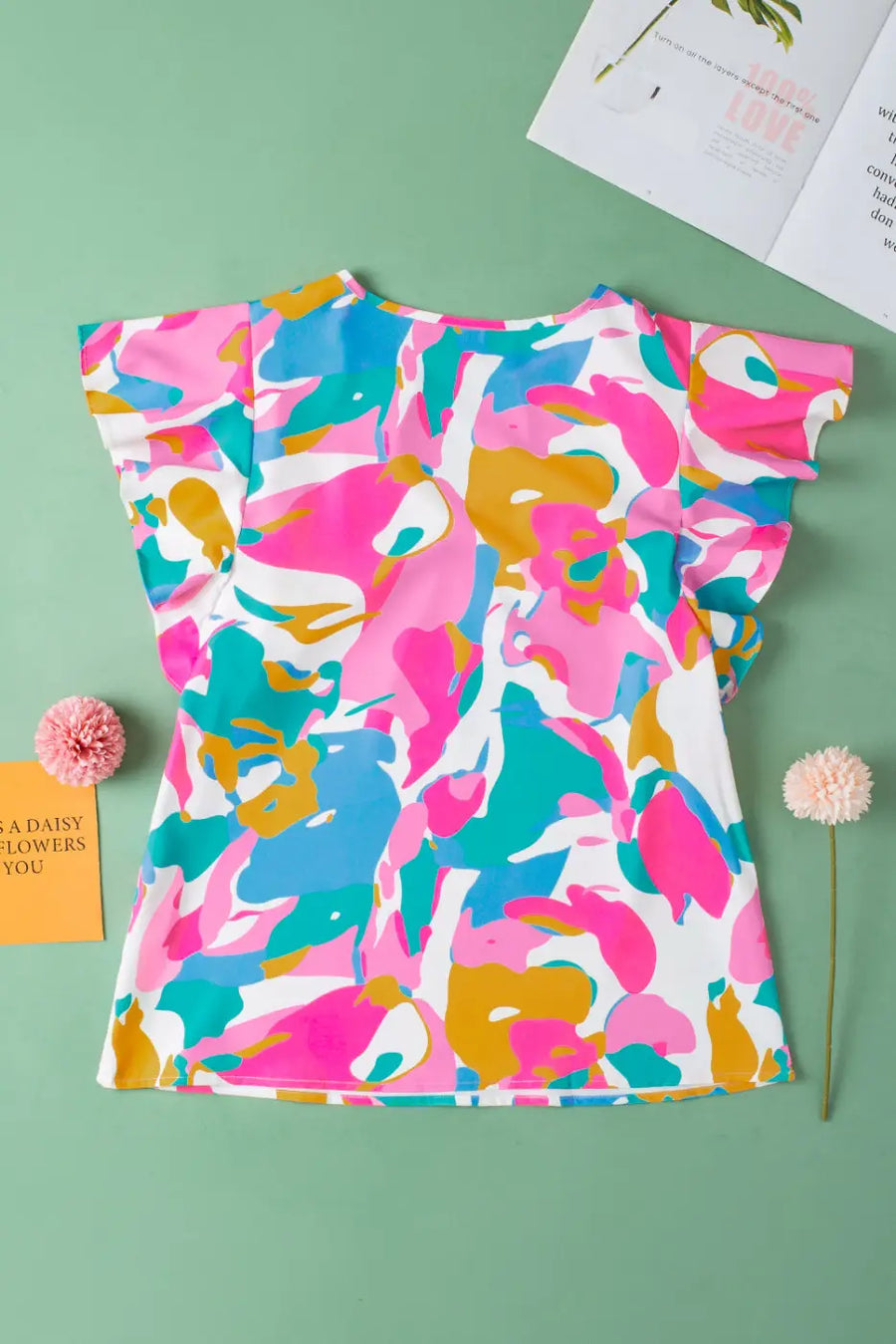 Multi colour flutter sleeve blouse - abstract print notched neck