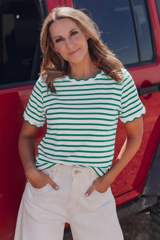 Scalloped trim stripe cotton t-shirt round neck short sleeve t-shirts