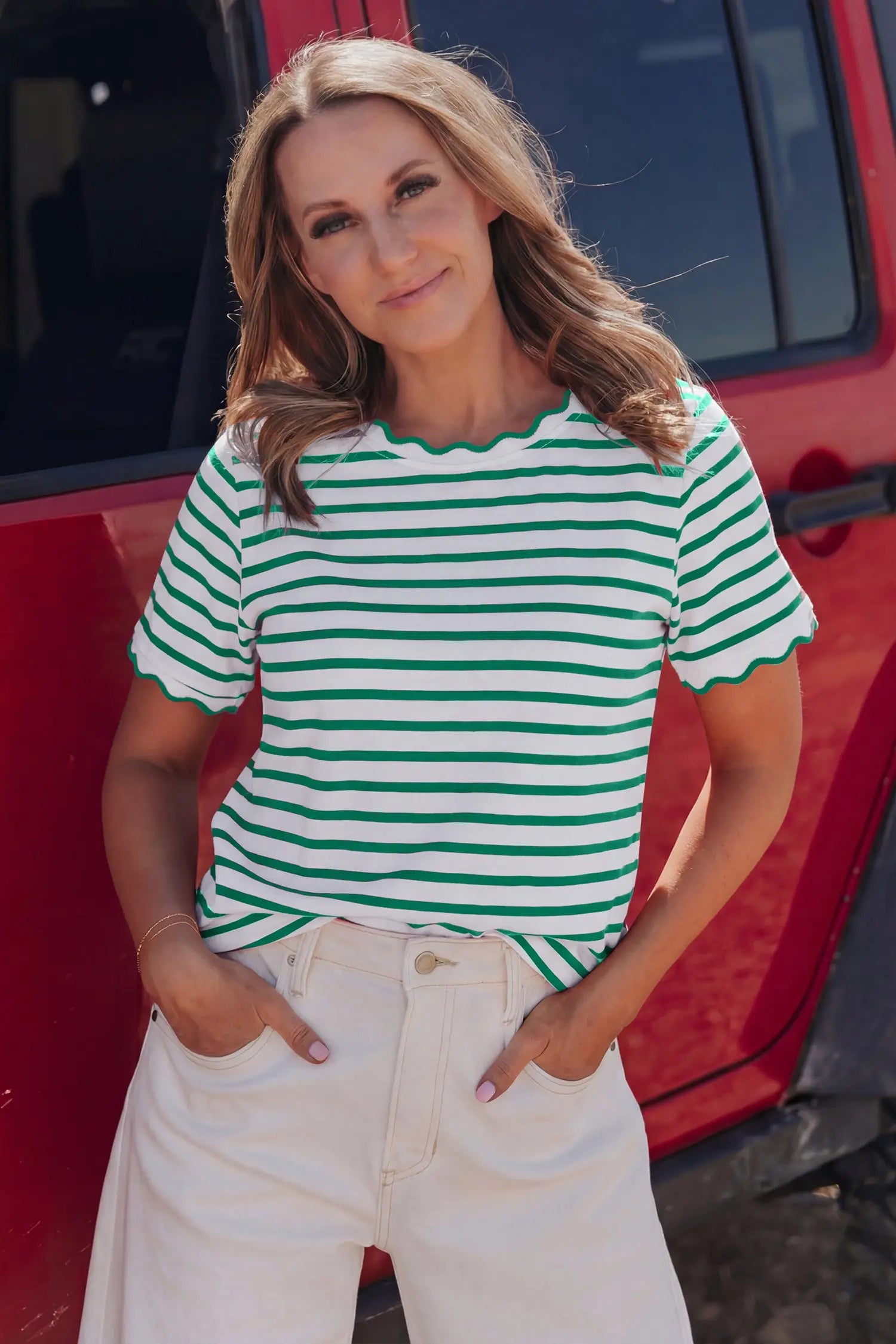 Scalloped trim stripe cotton t-shirt round neck short sleeve t-shirts