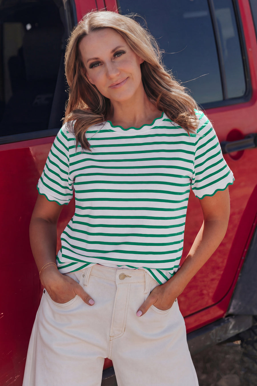 Scalloped Trim Stripe Cotton T-Shirt Round Neck Short Sleeve — back view | Fashionfitz UK