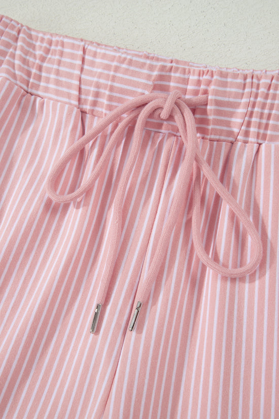 Striped Dolman Sleeve Polo Shirt and Drawstring Shorts Two Piece Set
