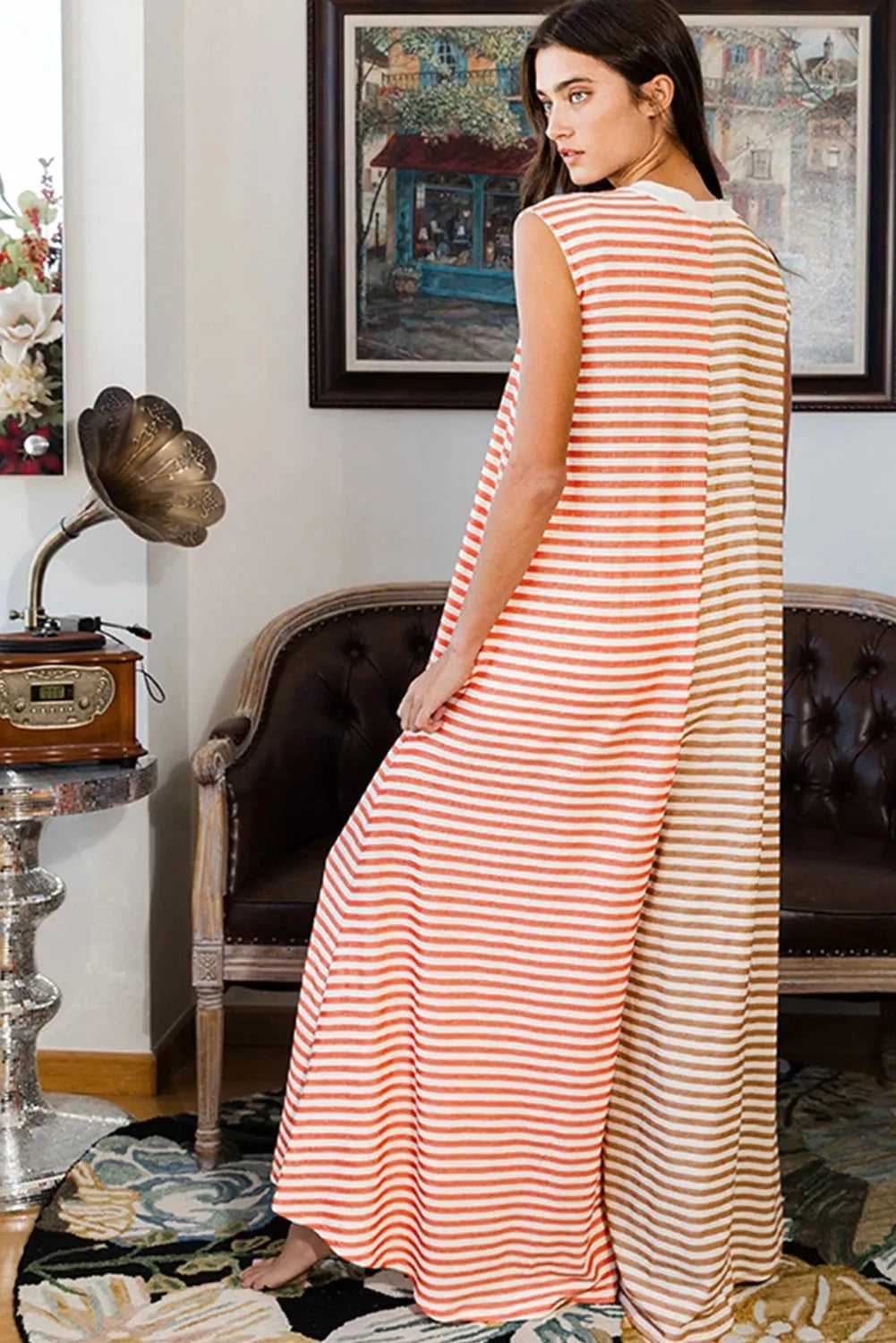 Oversized Sleeveless Wide Leg Jumpsuit - Orange Stripe - Fashionfitz