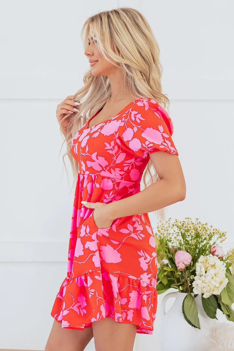 Red Floral Bubble Sleeve Sweetheart Neck Ruffled Mini Dress Women UK