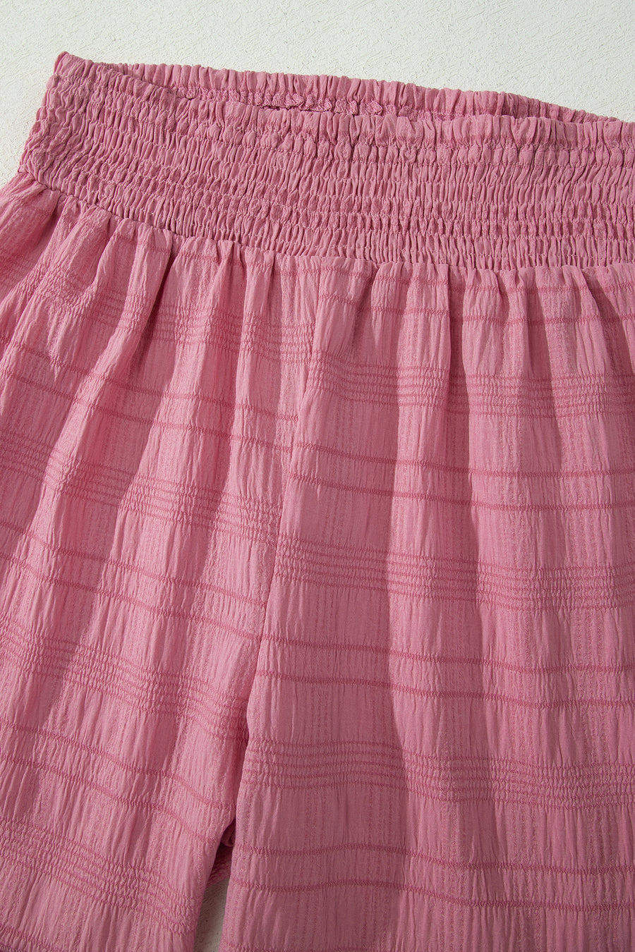 Textured Square Neck Cap Sleeve Top & Shirred High Waist Shorts Set — close-up detail | Fashionfitz UK