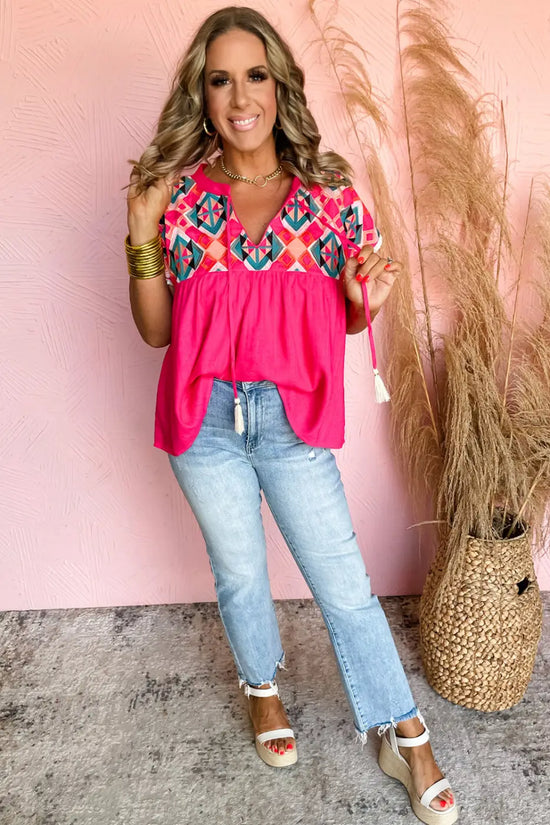 Pink embroidered cotton blouse - tassel tie | fashionfitz