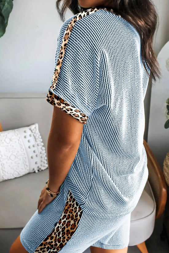 Leopard trim twist ribbed short set two piece outfit sets