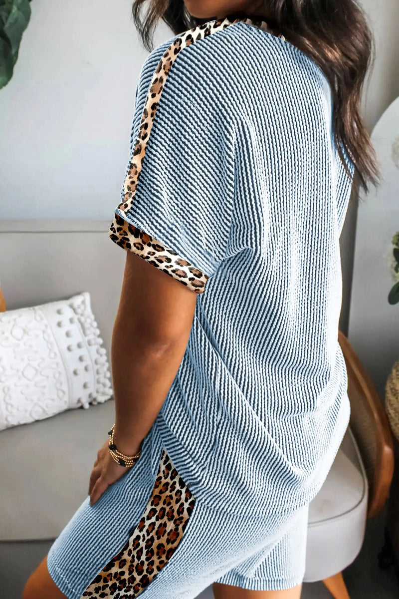 Leopard trim twist ribbed short set two piece outfit sets