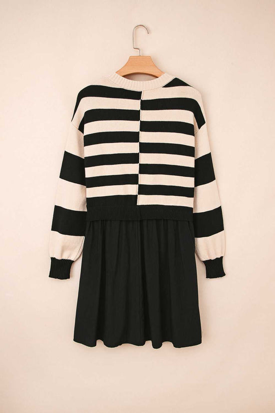 Back flat lay of Monochrome Knit Dress - Cozy & Stylish | FashionFitz displaying striped knit design and seamless waist transition.