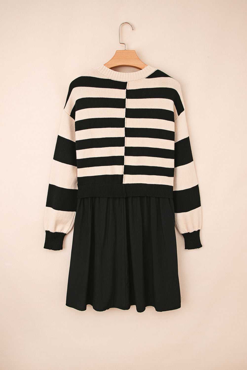 Back flat lay of Monochrome Knit Dress - Cozy & Stylish | FashionFitz displaying striped knit design and seamless waist transition.