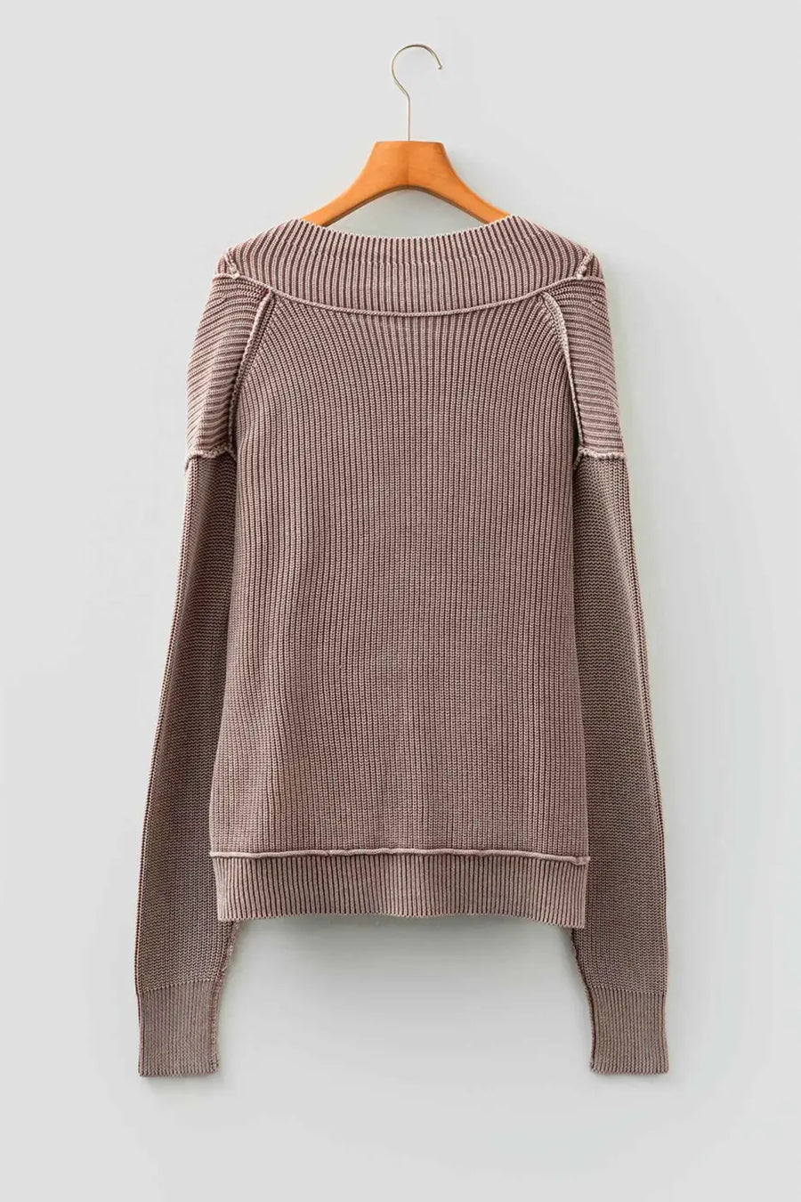 Back view of brown stonewash knit open cardigan on hanger, displaying ribbed knit texture and long sleeves.