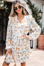 Yellow Floral Tie Neck Frilled Long Sleeve Mini Dress Women UK