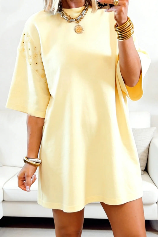 Women's yellow eyelet lace sleeve mini dress front view summer