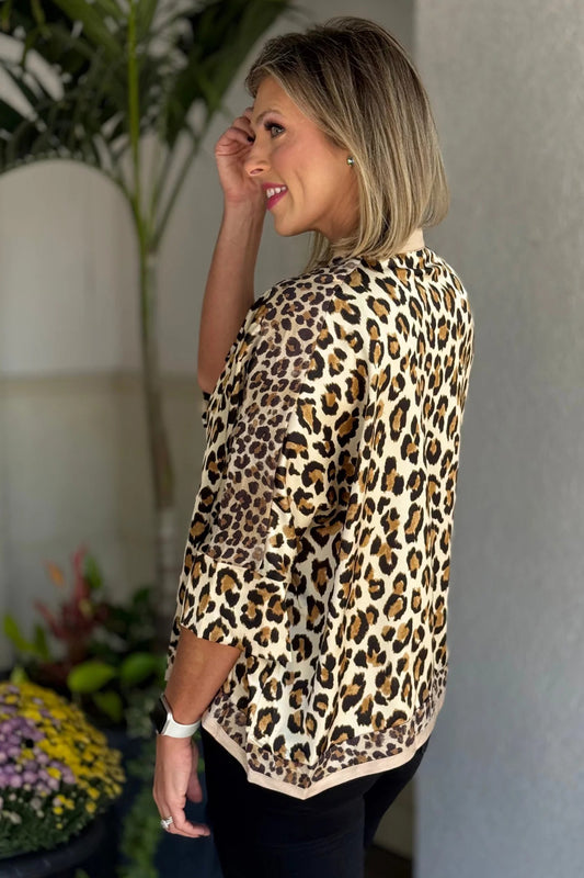 Leopard Panelled 3/4 Sleeve Relaxed Shirt