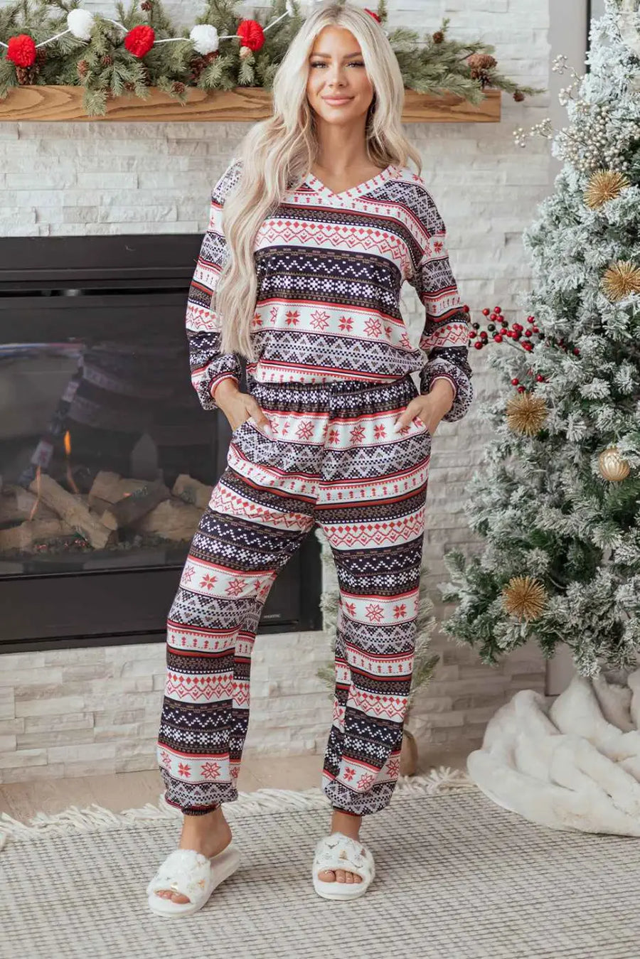 Black christmas retro print lounge set v-neck top high waist pants loungewear