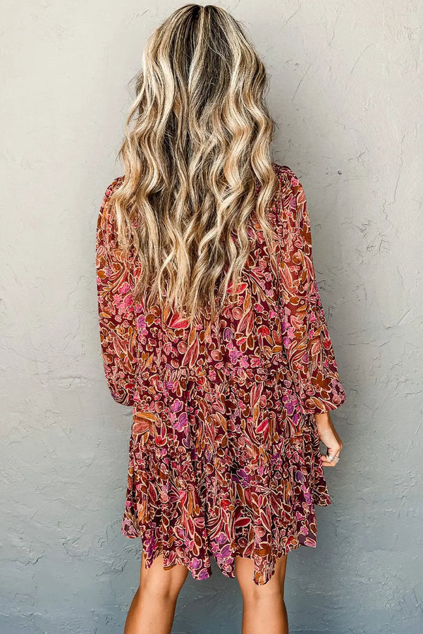 Red Floral Long Sleeve Shirred High Neck Mini Dress Women UK — back view