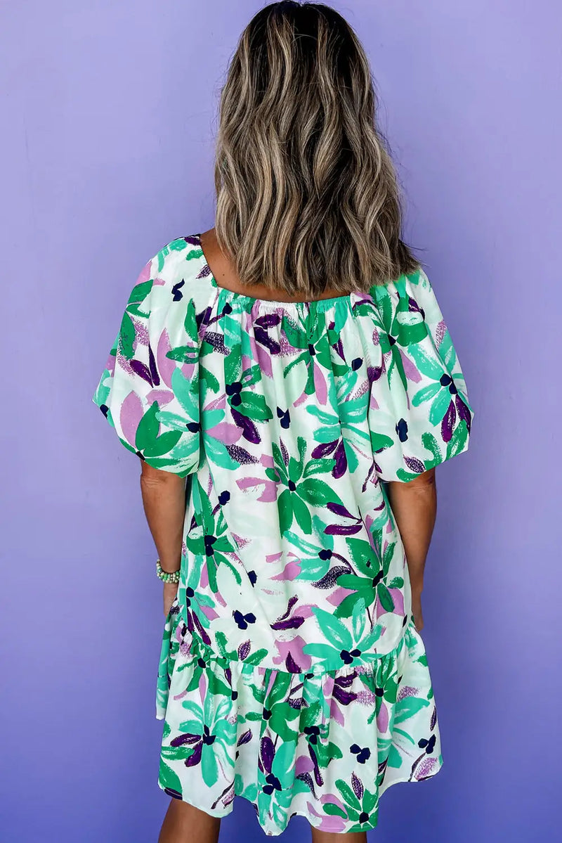 Green Floral Shirred Square Neck Loose Fit Mini Dress Women UK