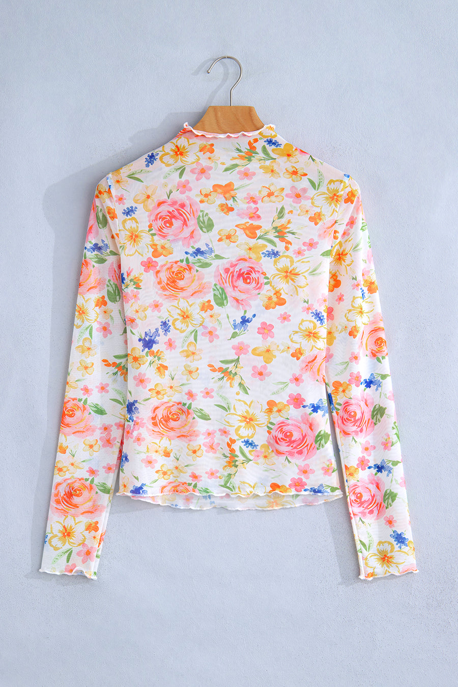 White Lettuce Trim Floral Print Sheer Mesh Long Sleeve Top