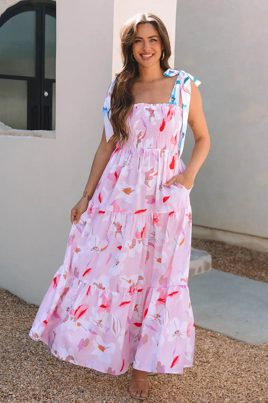 Pink Floral Knotted Shoulder Smocked Maxi Dress Women UK — full length