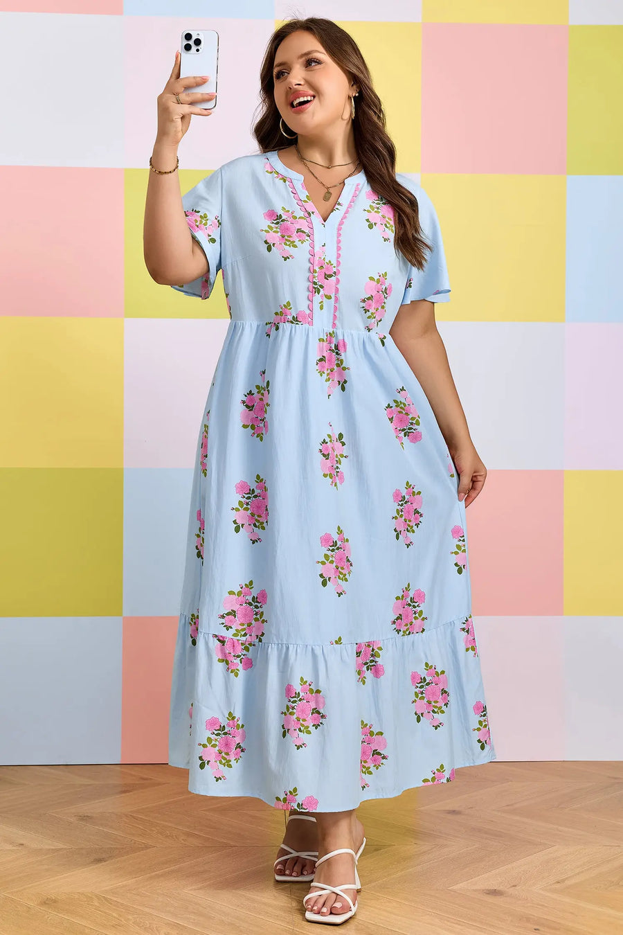 Sky Blue Plus Size Floral Scalloped V-Neck Dress Women UK — model shot