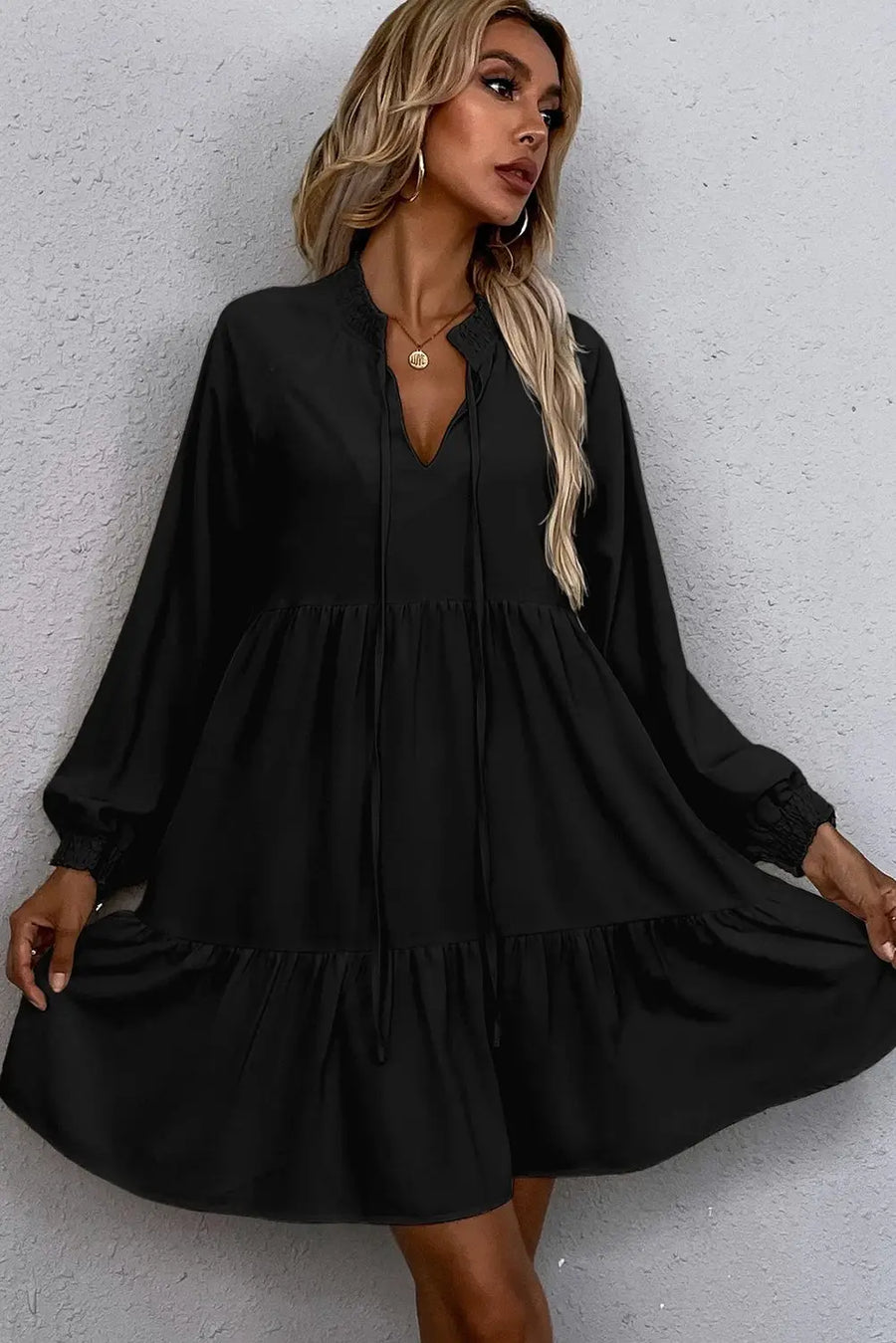Black tie split neck smocked long puff sleeve dress