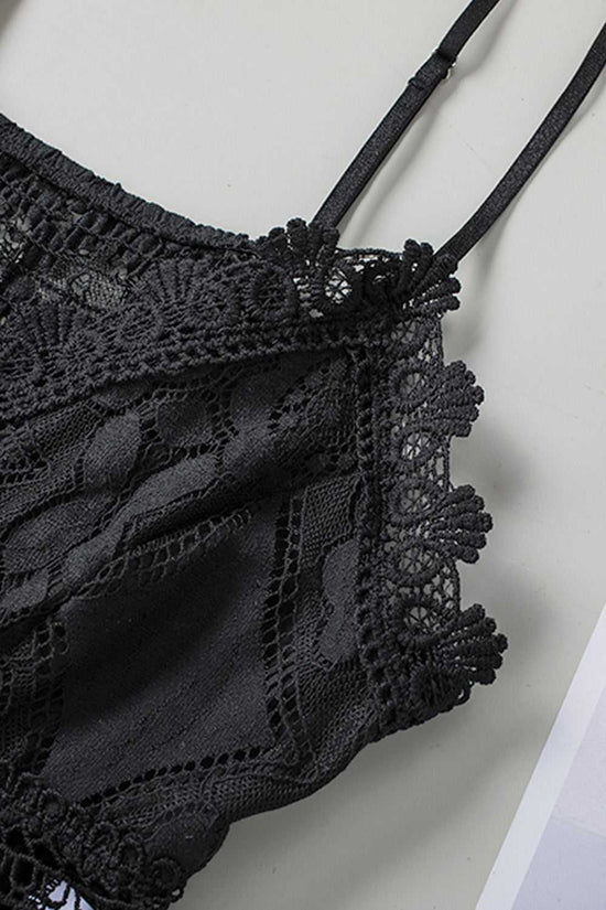 Zoomed-in view of the lace trim and strap on the Black Crochet Lace Bralette Crop Top showcasing its delicate crochet craftsmanship.
