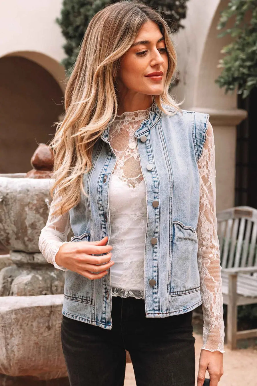 Beau blue scallop‑trim denim waistcoat vests