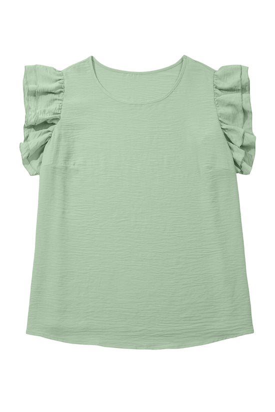 Clearly Aqua Plus Size Double Ruffle Sleeve Crew Neck Top Solid