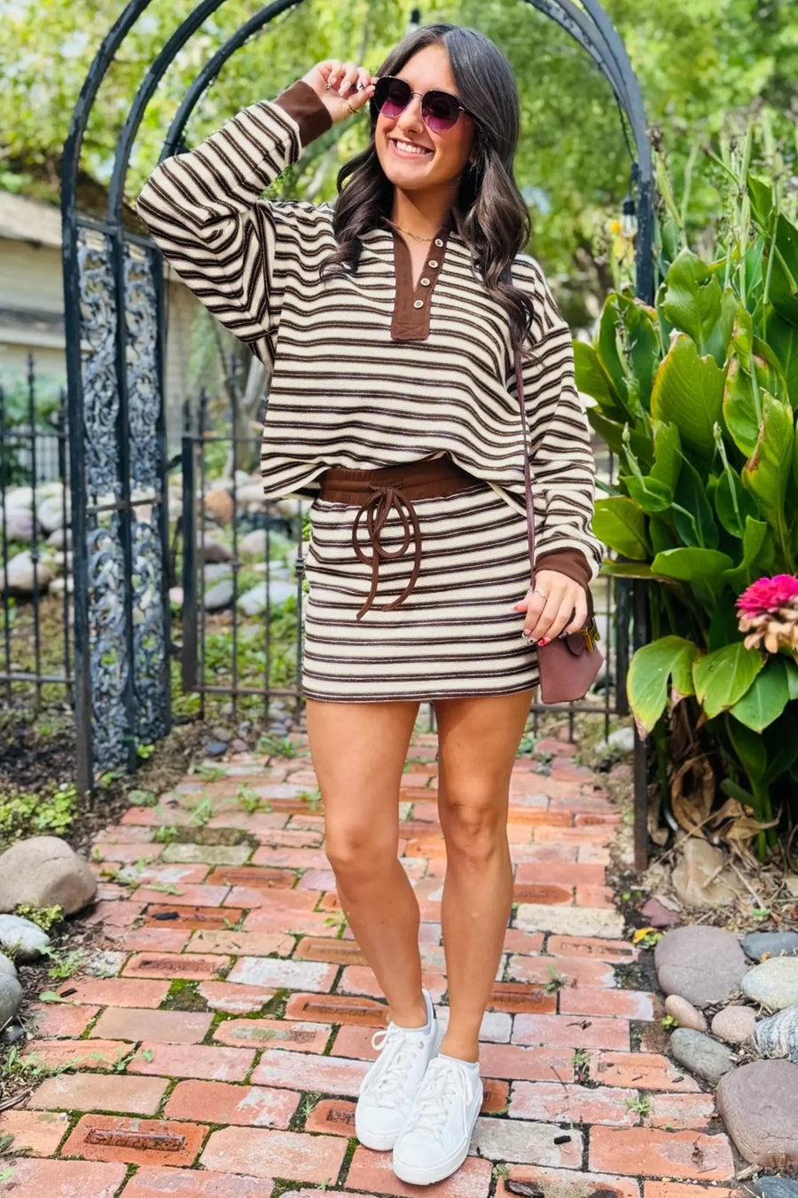 Brown stripe contrast trim mini skirt and long sleeve top full length — Fashionfitz UK
