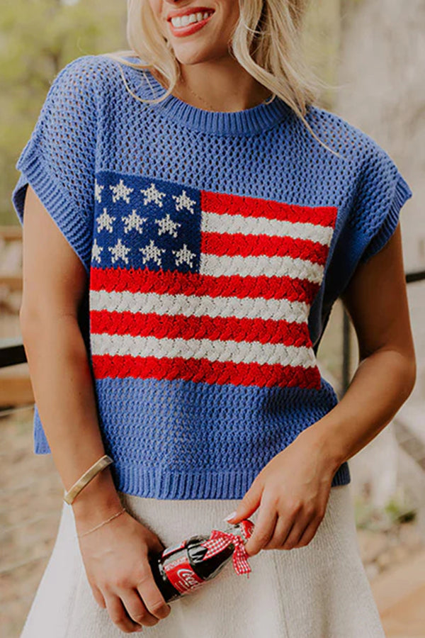 Flag Graphic Short Sleeve Knit Sweater Top Women UK