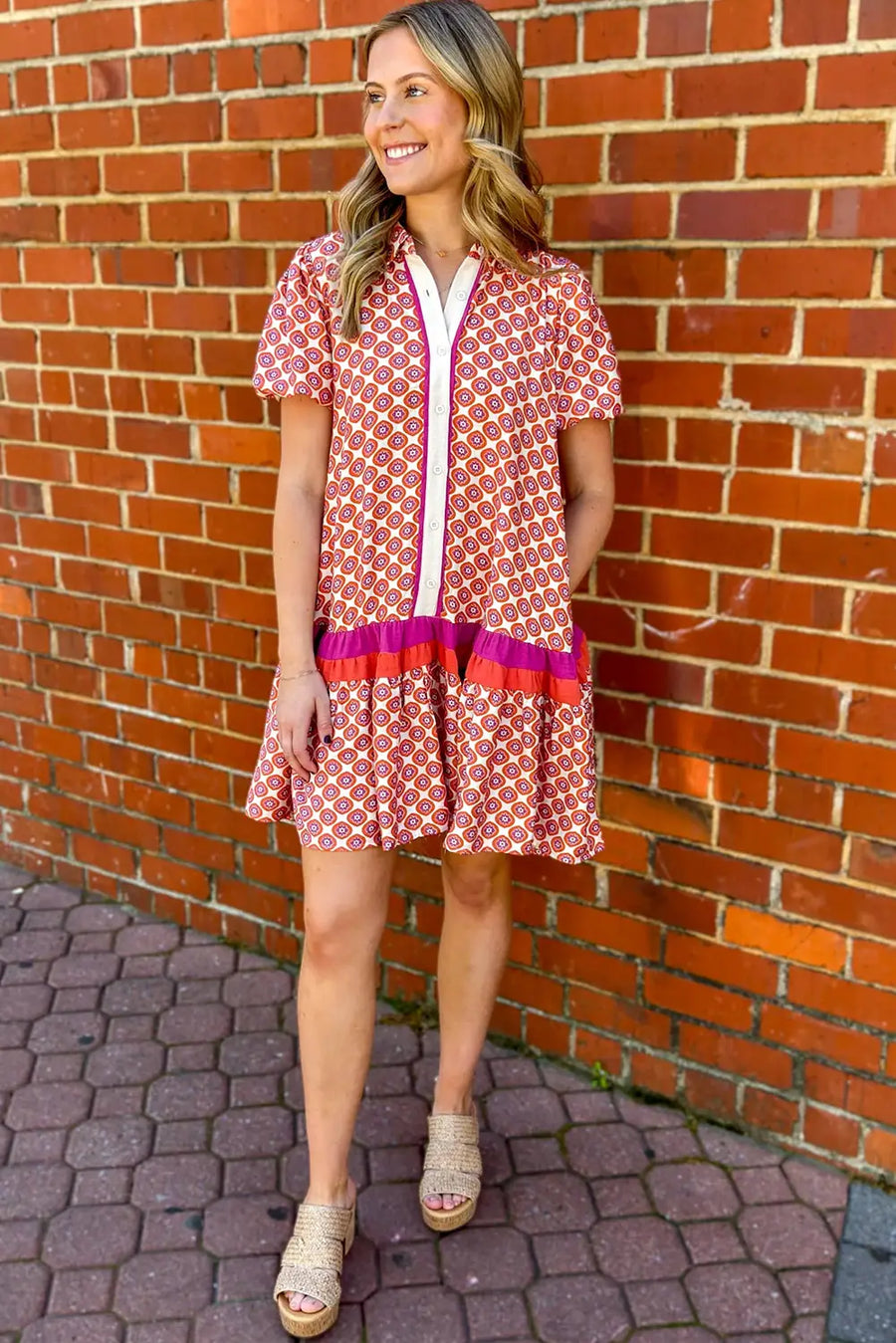 Orange Geometric Floral Color Block Trim Button Front Dress Women UK — full length