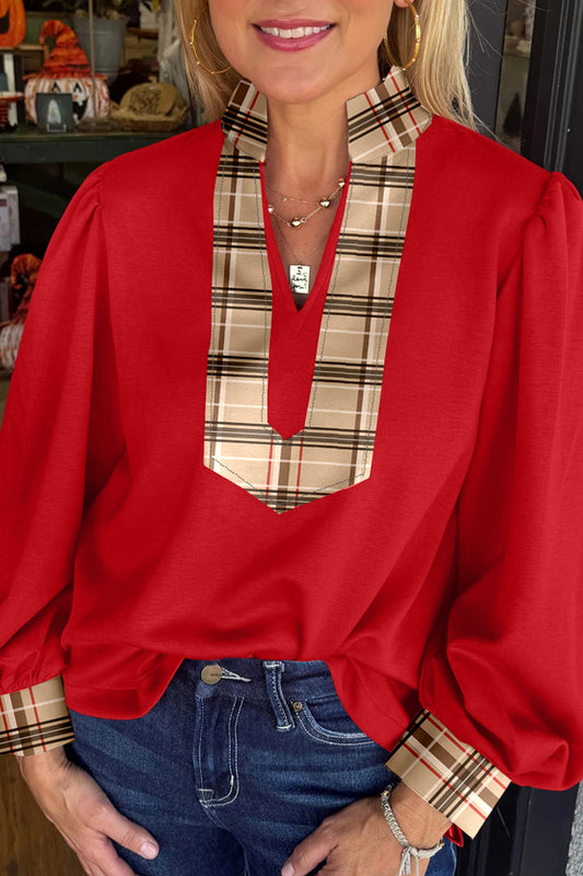 Red Tartan Fusion V‑Neck Blouse
