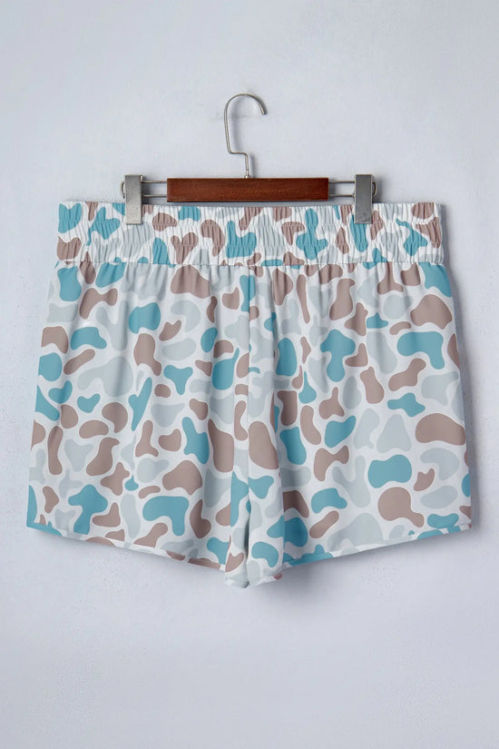 Plus size camouflage print athleisure shorts smocked high waist pull-on