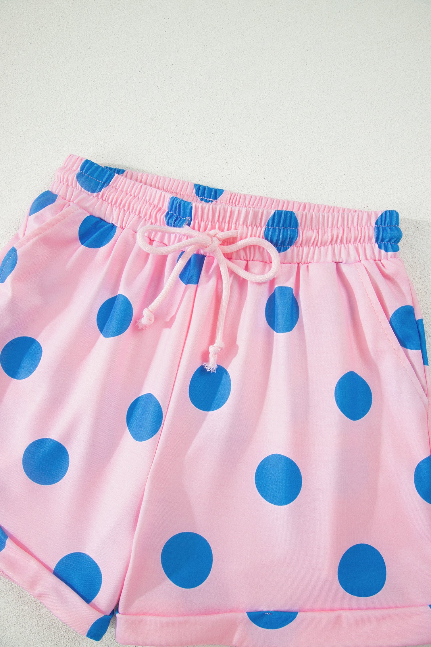 Polka Dot V Neck Short Sleeve Tee High Waist Drawstring Shorts Set