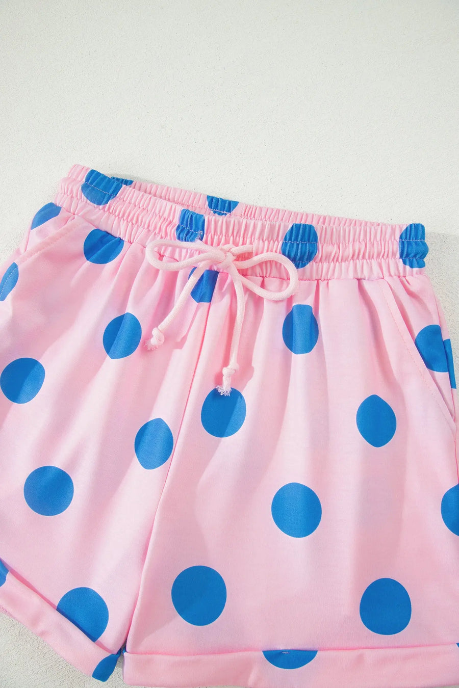 Polka Dot V Neck Short Sleeve Tee High Waist Drawstring Shorts Set