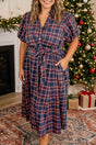 Plaid V neck belted waist short sleeve plus size dress in black — front view