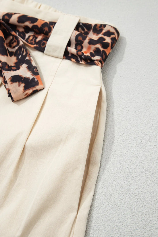 Women’s leopard sash belt pleated high waist wide leg shorts