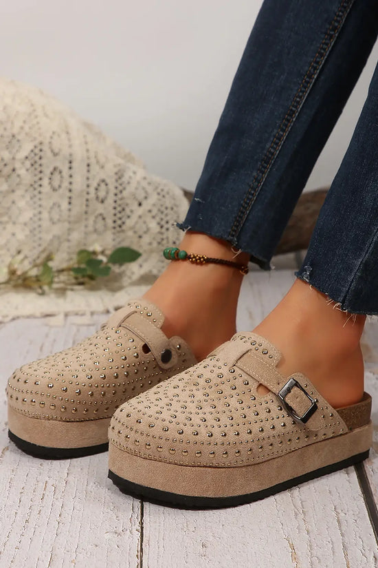 Parchment rivet buckle closed toe platform slippers