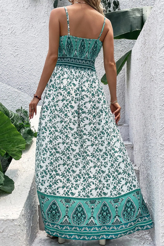 Green boho floral print shirred cami maxi dress