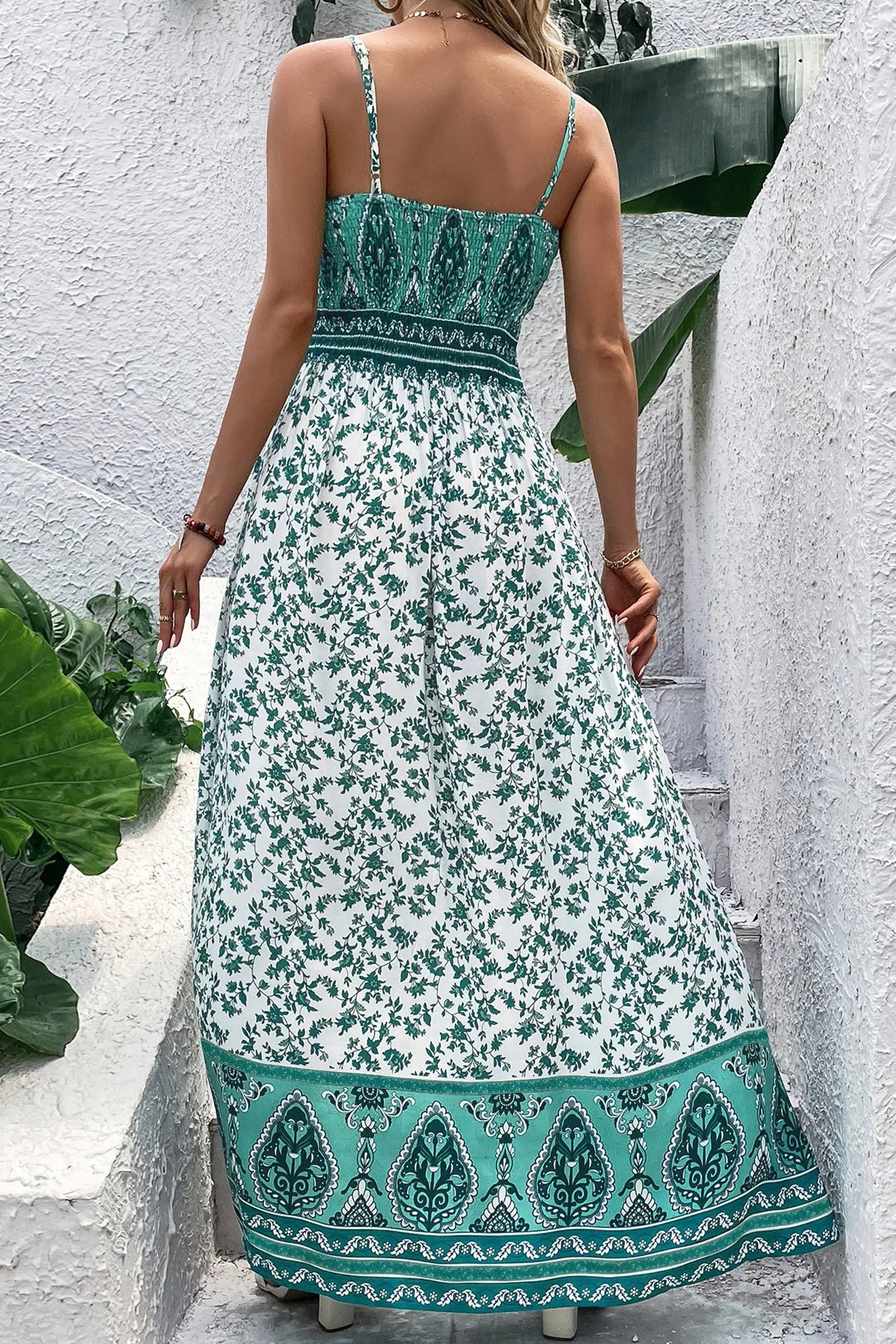 Green boho floral print shirred cami maxi dress