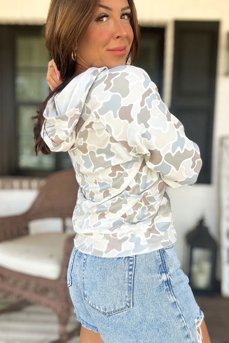 Camo Print Long Sleeve Hooded Pullover Top