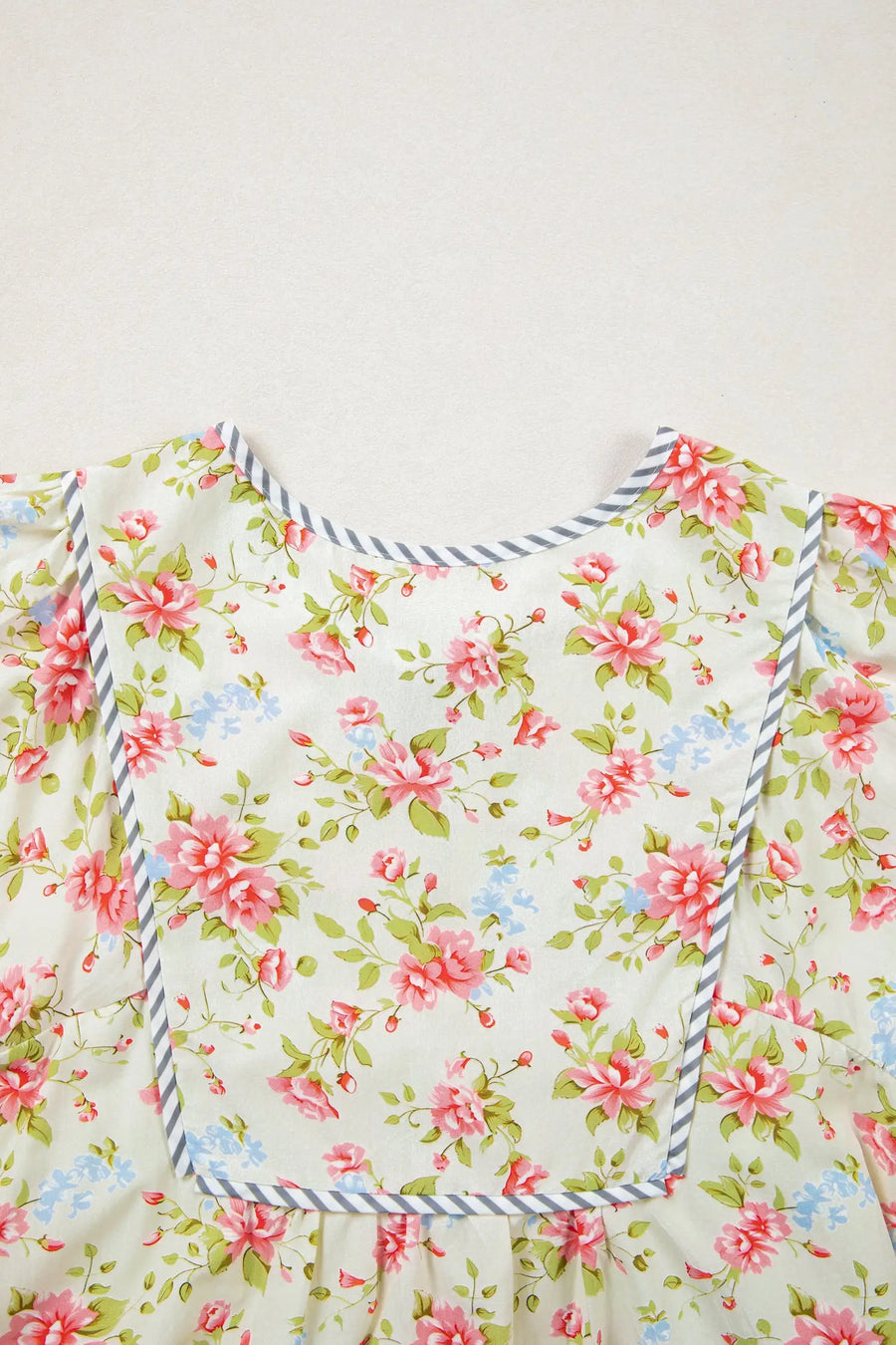 Apricot Floral Striped Edge 3/4 Puff Sleeve Dress Women UK — close-up detail