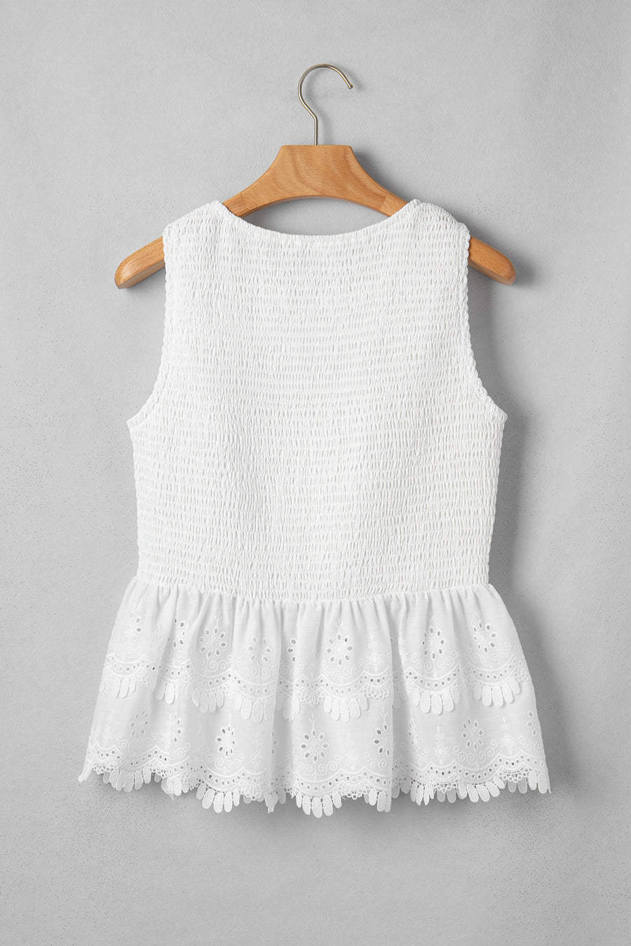 Smocked bust detail close-up on white lace peplum top — Fashionfitz UK