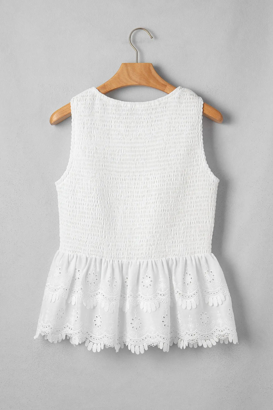 Smocked bust detail close-up on white lace peplum top — Fashionfitz UK