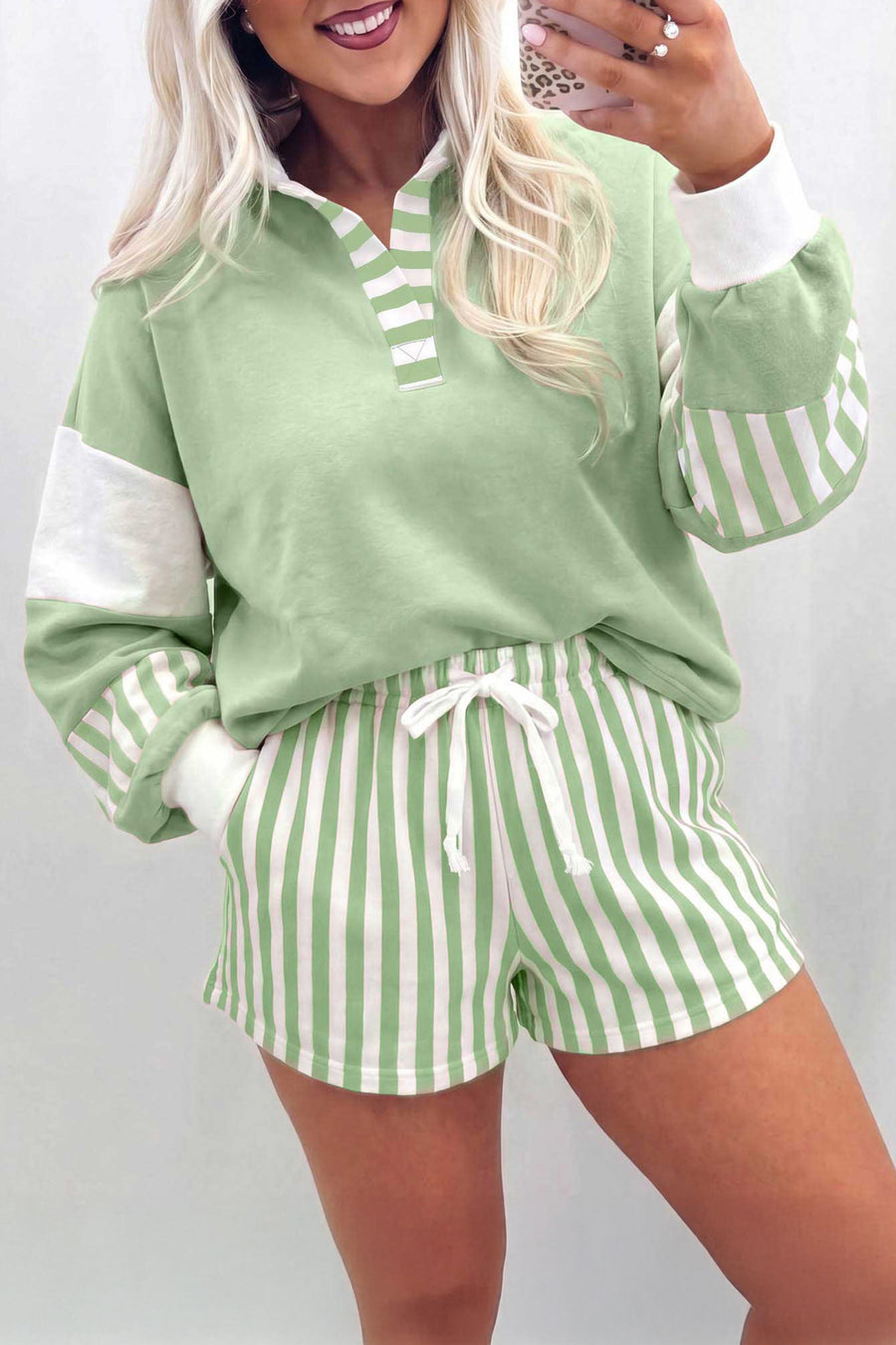 Gossamer Pink Striped Color Block Pullover Top Drawstring Shorts Set