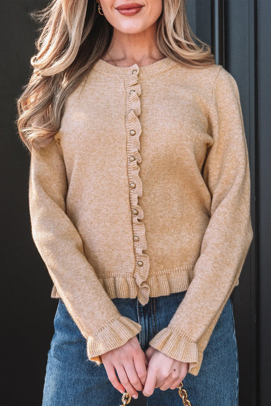 Ruffle trim gold button long sleeve round neck knit cardigan cardigans