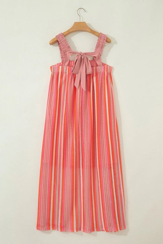 Women’s striped ruffle strap ribbon knot boho maxi dress dresses
