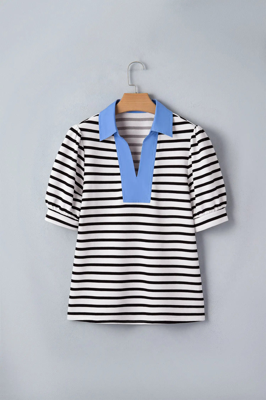 Puff sleeve colour block blouse — full length front view on model