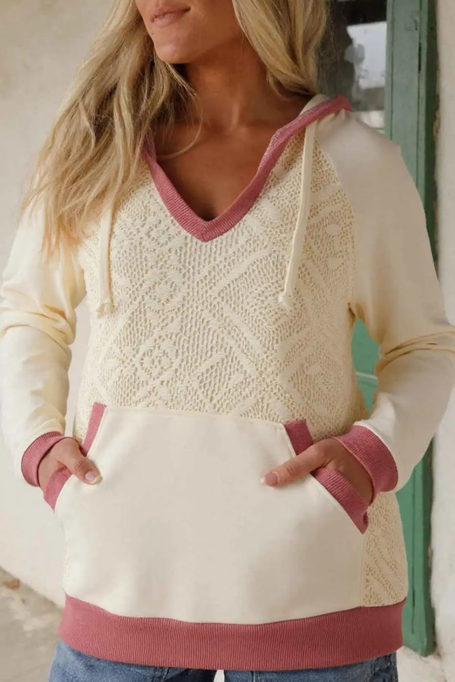 Women’s white contrast trim crochet knit hoodie | fadhionfitz
