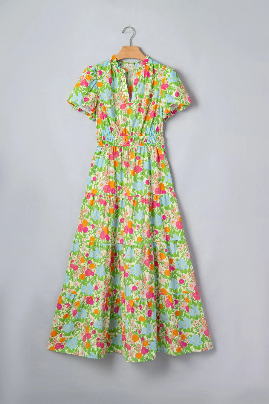 Green Floral V Neck Short Puff Sleeve Cotton Maxi Dress Women UK